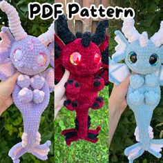 three crocheted stuffed animals in different colors and sizes are shown with the text, free pattern