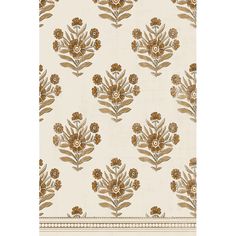 a white and brown floral wallpaper with gold flowers on the bottom half of it