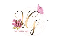 the logo for victoria gill's flower shop, with pink flowers and butterflies on it