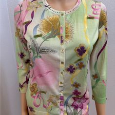 Stunning Multicolor Christian Dior Cardigan, Size 8 (40 European). In Great Condition, Worn Twice. Little Green Bow Details Are All Over The Cardigan,3/4 Sleeves. Made Out Of Silk Wool And Cashmere Dior Cardigan, Vintage Green Long Sleeve Cardigan, Luxury Cotton Jacquard Knit Cardigan, Dior Sweater, Jacquard Knit Long Sleeve Cardigan, Luxury Green V-neck Cardigan, Green Jacquard Knit Long Sleeve Cardigan, Green Bows, Silk Wool