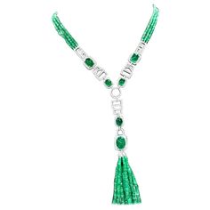 An exquisite necklace in Art Deco design, so refined, particular, a very adorable style. Necklace come in 18K gold with emeralds beads , and 40 pieces of Natural Zambian Emeralds, extra fine quality, spectacular color , in perfect cabochon oval cut , of 40,50 carats, and 774 pieces of natural diamonds in round brilliant cut , of 5,50 carats, F color VS clarity, very sparkly. Piece of high jewelry. Handcrafted by artisan goldsmith. Excellent manufacture and quality of stones . Complete with AIG report. Whosale price . Note : on my shipment, no taxes. Adorable Style, 18k Gold Necklace, Emerald Bead, Zambian Emerald, E 40, Multi Strand Necklace, Zambia, Style Necklace, Art Deco Design