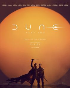 the poster for dune featuring two people standing in front of an orange sun with swords