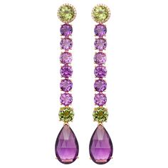 These beautiful long earrings with 47.67ct Amethyst, Peridot, and Diamonds are set in 18kt rose gold. They are a unique piece from our own workshop. The length of the earrings is 8.8cm. The earrings can also be shortened upon request. Diamonds Aesthetic, Pakistani Jewellery, Glamour Nails, Aesthetic Movement, Pakistani Jewelry, Feminine Tattoos, Fancy Jewelry, Chandelier Earrings, Long Earrings