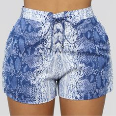 Snake Print Lace Up Shorts New With Tags Trendy Short Bottoms For Poolside, Blue High-waisted Shorts For Poolside, Blue Shorts For Poolside Spring Occasion, Trendy White Bottoms For Poolside, High Waist Blue Shorts For Beach, High Waist Blue Shorts For The Beach, Blue High-waisted Shorts For Vacation, Blue Stretch Shorts For Day Out, High Waist Shorts For Spring Poolside