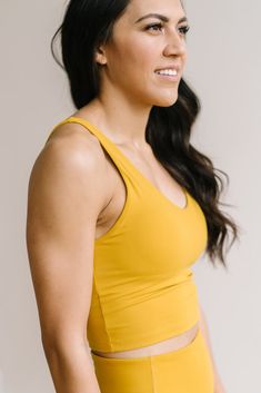 Crop Tank Sports Bra - Mustard | MT LUXE Crop Style, Long Torso, Donate To Charity, Cropped Style, Performance Fabric, Workout Gear, Crop Tank, Focus On, Mustard