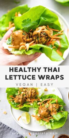 healthy thai lettuce wraps with peanut sauce on top and in the background, there is