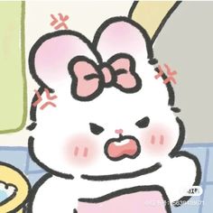 a drawing of a white bunny with pink bows on it's head sitting in front of a sink