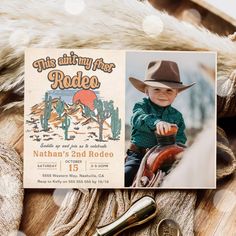 a photo of a young boy wearing a cowboy hat and riding a horse in the wild