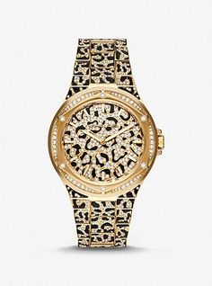 Oversized Lennox Animal Pavé Gold-tone Watch | Michael Kors Beautiful Watches, Crystal Bracelets, Cool Watches, Watch Design, Michael Kors Watch, Gold Watch, Time Piece, Bracelet Watch, Womens Watches