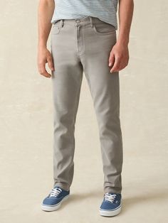 Stretch Terry 5-Pocket Pant - Iron | Faherty Brand Casual Tapered Straight Bottoms, Casual Straight Tapered Pants, Straight Leg Bottoms With Hidden Pockets For Spring, Stretch Bottoms With Five Pockets And Straight Hem, Spring Straight Leg Bottoms With Hidden Pockets, Relaxed Fit Straight Bottoms With Side Pockets, Casual Straight Bottoms Without Pockets, Casual Straight Bottoms No Pockets, Everyday Stretch Pants With Five Pockets