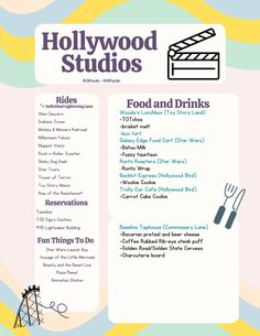 a menu for hollywood studios with food and drinks