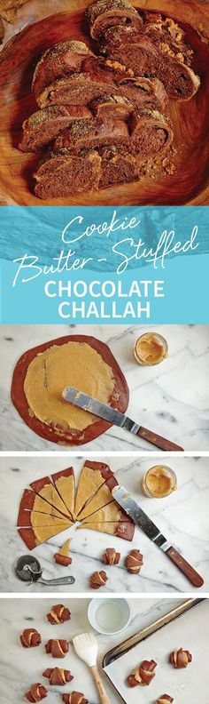 the ingredients for chocolate challah are shown in three different pictures, including one being sliced