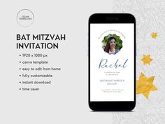 the bat mitzvahh invitation is displayed on an iphone screen with gold stars around it