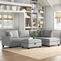 a living room filled with furniture and bookshelves