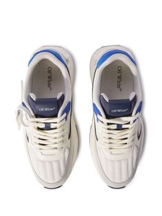 White/blue Kick Off low-top sneakers from OFF-WHITE featuring canvas/leather, geometric panelled design, logo lettering, signature Zip Tie tag, front lace-up fastening, round toe and ridged rubber sole. Size Info IT Color Detail White Made In China Material Sole: Rubber 100% Outer: Leather 57%, Polyamide 43% Lining: Polyester 100% Season One Fall-Winter Season Two Fall-Winter Product sneakers Brand Off White Size And Fit Heel 1,4 in / 3,5 cm; Platform 1,2 in / 3 cm Off White Sneakers, Crossbody Tote Bag, Moon Boots, Blazer With Jeans, Sneaker Brands, Cool Socks, Small Leather Goods, Canvas Leather, White Sneakers