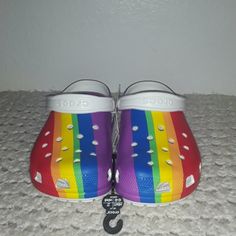 Brand New! Do Not Have Orginal Box! Feel Free To Ask Questions! All Shoes Are Clean Odor And Smoke Free...Packaged With Care And Accurate Description With Photos Of Each Shoe...We Always Provide Speedy Fast Shipping Shoes Crocs, Women's Crocs, Crocs Shoes, Womens Clogs, Rainbow Stripes, Red Purple, Color Purple, Women's Shoes Sandals, Clogs