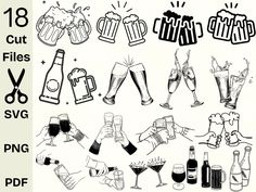 an image of various types of drinks and alcohols in black and white paper cut outs