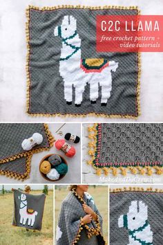 the crochet llama afghan pattern is shown in multiple pictures and has been made with