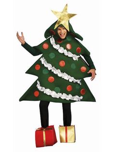 a woman dressed in a christmas tree costume