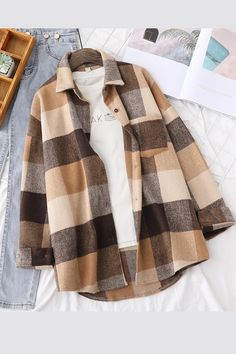 Big Plaid Woolen Thick Oversize Shirt – Tomscloth Casual Beige Shirt For Winter, Casual Beige Winter Shirt, Beige Long Sleeve Winter Shirt, Woolen Shirt, Tops Stylish, Lady Tops, Casual Outwear, Straight Clothes, Khaki Jacket