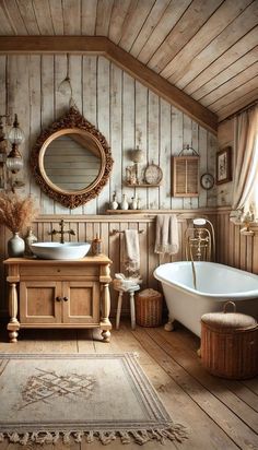 Explore the best bathroom decor ideas that will inspire your next remodel. From modern to rustic, we have it all!---A cozy bathroom with a rustic farmhouse style. Features include a wooden vanity, a round vessel sink, shiplap walls, and a clawfoot tub. The decor includes vintage elements like an antique mirror and woven baskets for storage. Vintage Decor Bathroom, Rustic Cottage Bathroom, Antique Bathroom Ideas, Stunning Bathroom Ideas, Mediterranean Style Bathroom, Baie Vintage, Bathroom With Clawfoot Tub, Vessel Sinks Bathroom Vanity, Cottage Rooms