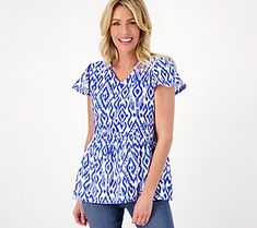 Gosh, you look good! Must be the pretty print, flutter sleeves, and slight ruffled hem that makes this top the cream of the crop in the style category. Pair it with skinny jeans and strappy sandals for a look that's simply dy-no-mite! From Denim & Co.® Fashions. Vacation Tops With Ruffle Hem And Flutter Sleeves, Vacation Flutter Sleeve Top With Ruffle Hem, Flutter Sleeve Tops With Ruffle Hem For Vacation, Casual Flutter Sleeve Top For Spring, Printed Flutter Sleeve Tops For Summer, Trendy Spring Tops With Ruffle Hem, Printed Flutter Sleeve Tops For Day Out, Trendy Ruffle Hem Tops For Spring, Fitted Flutter Sleeve Tops For Vacation