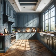 a large kitchen with blue cabinets and wood flooring is pictured in this artist's rendering