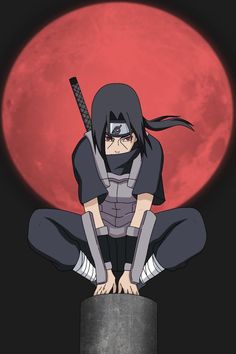 an anime character sitting on top of a barrel in front of a red full moon