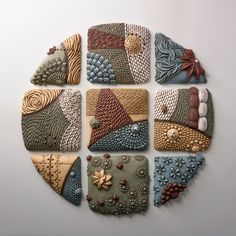 nine square pieces of art made out of different materials