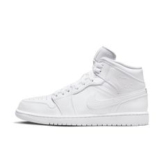 Inspired by the original AJ1, the Air Jordan 1 Mid offers fans a chance to follow in MJ's footsteps. Fresh color trims the clean, classic materials, imbuing modernity into a classic design.An Air-Sole unit provides lightweight cushioning.Real and synthetic leather in the upper offers durability and structure.A solid rubber outsole gives you traction on a variety of surfaces.Textile tongue feels soft and comfortable. Style # 554724-136 Color: Triple White Jordan Air 1 Mid, Air Jordan 1 Retro Mid, Jordan 1 Retro Mid, Logo Fitness, Jordan 1 Mid White, Jordan Mid, Mid Top Shoes, Nike Internationalist, Jordan Model