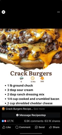 a menu for a burger with cheese and meat on it