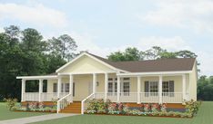 this is a computer rendering of a small house with porches on the front and side