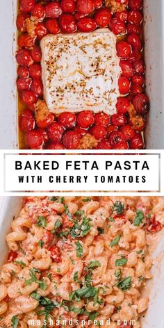 baked feta pasta with cherry tomatoes in a casserole dish