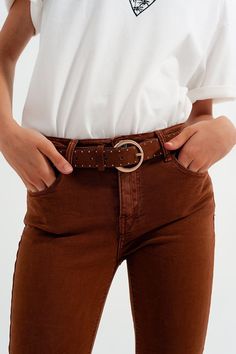 In a beautiful, warm camel hue, these are high-waisted skinny jeans that are very elastic and stretchy. They boast of utility pockets on the sides and in the back as well as utility belt loops, which give you the option of adding a belt if you wish, and a zip fly with button closure. Because they’re high-waisted, they look great with a crop top or a tee. That’s why we show them in our photos paired with our Oversized T-Shirt with Palm Print in White. The stretchy fabric is made from 97% Cotton a Jeans With Belt, Tan Scarf, Types Of Jeans, Fashion Portfolio, Short Suit, Jumper Sweater, Blazer Coat, Hat Hairstyles, Stretch Denim