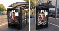 two pictures of a bus stop with a woman on it