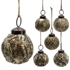 an assortment of ornaments hanging from strings