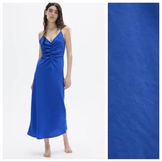 Nwt. Zara Blue Ruching Midi Dress With V-Neckline And Adjustable Spaghetti Straps, Front Ruching Detail. Size L. Ref. 4437/245. Pit To Pit 20" Flat, Waist 17", Length 48". U Blue V-neck Slip Dress For Brunch, Blue Ruched Midi Dress With Spaghetti Straps, Spring V-neck Ruched Slip Dress, Blue V-neck Slip Dress For Summer, Zara V-neck Slip Dress For Brunch, Elegant Blue Slip Dress For Beach, Elegant Blue Slip Dress For The Beach, Blue V-neck Sundress Midi Dress, Blue Slip Dress For Spring Brunch