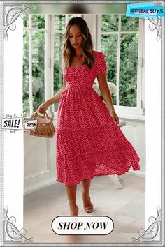 Women's A-line Dress Midi Dress - Short Sleeve Polka Dot Summer Deep U Hot Casual / Daily Boho Black Red Yellow Green Women's A Line Dresses, Midi Short Sleeve Dress, Dresses By Length, Dress Midi, Types Of Dresses, Dress Short, Women's Fashion Dresses, Red Yellow, Women's Style