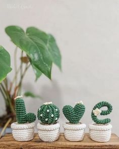 three crocheted cactus planters with the word love spelled out in front of them