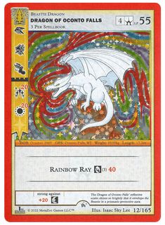 a red and white card with a dragon on it's back side, in front of an orange background