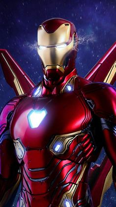 an iron man standing in the rain with his hands on his hips and glowing eyes