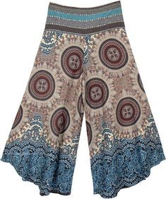 Mystic Chakra Wide Leg Boho Festival Pants with Woven Waist | Beige | Split-Skirts-Pants, Patchwork, Junior-Petite, Misses, High-Low, Yoga, Vacation, Beach, Printed, Bohemian Casual Boho Print Wide Leg Harem Pants, Casual Wide Leg Boho Print Harem Pants, Casual Wide Leg Pants With Boho Print, Bohemian Wide-leg Rayon Bottoms, Bohemian Wide-leg Rayon Harem Pants, Bohemian Rayon Wide-leg Harem Pants, Bohemian Wide-leg Rayon Pants, Boho Print Wide Leg Cotton Bottoms, Wide Leg Cotton Bottoms With Boho Print