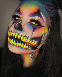 Scary Neon Clown Makeup, Neon Clown Makeup, Horror Clown Makeup, Colorful Halloween Makeup, Clown Skeleton, Skeleton Clown, Creepy Clown Makeup, Scary Clown Makeup, Creepy Makeup