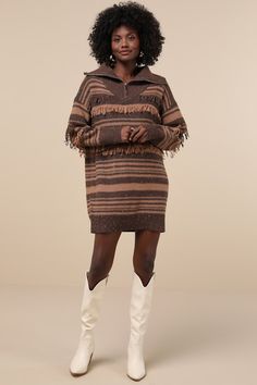 There's always room in your winter wardrobe for a look that'll keep you totally toasty, like the Lulus Ultimate Coziness Brown Striped Quarter-Zip Sweater Mini Dress! This lil' sweater knit dress features a variety of fun details, including a brown and tan striped pattern, a multicolored, confetti-like effect throughout, and trendy fringe trim at the front and back. Long sleeves (with drop shoulders) frame an oversized, shift-style dress that boasts a polo-inspired collared neckline with a quarter-length zipper and cute mini hem. Contrasting ribbed accents the neckline, cuffs, and hem. Fit: This garment fits true to size. Length: Mid-thigh. Size medium measures 30.75" from shoulder to hem. Bust: Great for any cup size. Waist: Not Fitted - comfortable room throughout midsection. Hip: Not Fi Cozy Brown Winter Sweater Dress, Fall Ribbed Brown Sweater Dress, Brown Striped Sweater Dress, Fitted Brown Knit Sweater Dress, Stretch Ribbed Brown Sweater Dress, Sweater Dress Pattern, Trendy Fringe, Sweater Mini Dress, Fringe Sweater