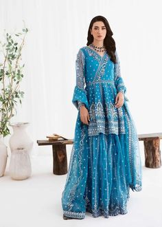 Navy Blue Embroidered Pakistani Wedding Dress Kameez Gharara Pakistani Gharara, Pakistani Kameez, Sharara Dress, Wedding Pakistani, Pakistani Wedding Dress, Embroidered Border, Luxury Wear, Pakistani Wedding Dresses, Navy Blue Fabric