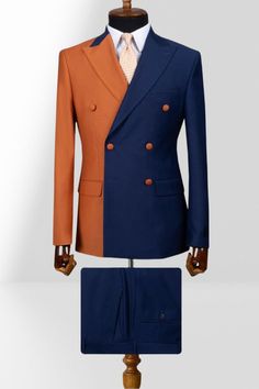 Orange And Navy Blue Double Breasted Peak Collar Slim Mens Two Piece Suit | Bradymensuit Blue Double Breasted Suit With Notch Lapel, Tailored Blue Double Breasted Suit For Groom, Blue Double Breasted Suit For Groom, Tailored Blue Double Breasted Wedding Suit, Blue And Orange Suit Men, Navy Blue And Orange Outfit, Blue Slim Fit Double Breasted Suit, Prom Suit Green, Tailored Double-breasted Blue Suit