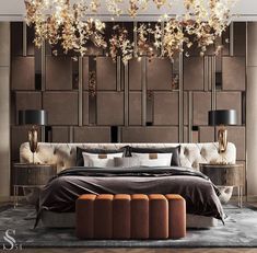 an elegant bedroom with modern furniture and decor