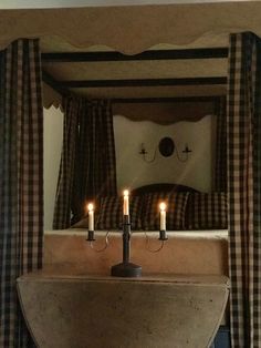 two candles are lit in front of a mirror