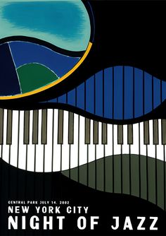 a poster for the new york city night of jazz concert, with piano keys and mountains in the background