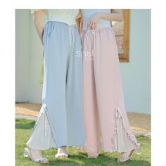 Blue Pink Cute Pastel Spring Lace Pants ON632 Light Blue Bottoms With Elastic Waistband For Spring, Light Blue High Waist Wide Leg Pants For Spring, High Waist Light Blue Wide Leg Pants For Spring, Light Blue High Waist Pants For Spring, High Waist Light Blue Pants For Spring, Light Blue Wide Leg Pants For Spring, Light Blue Wide-leg Pants, Light Blue Wide-leg Pants With Pockets, Light Blue Ankle-length Pants With Pockets